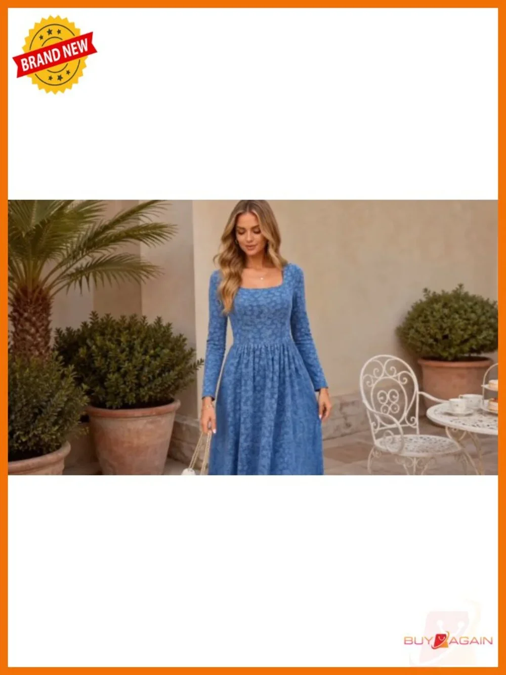 Women's Long Sleeve Midi A-Line Dress Square Neck with Pockets